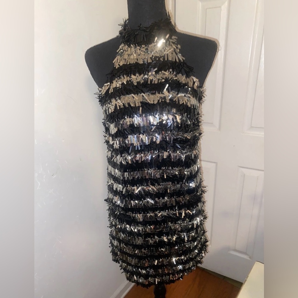 Michael Kors black  and Silver Sequin fringe  Halter Dress